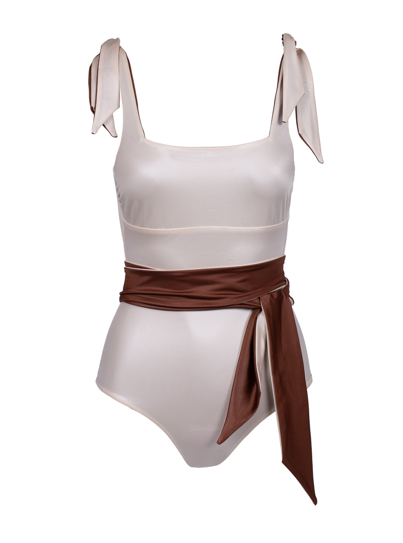Howlite Reversible Brown/Ivory Swimsuit With Belt
