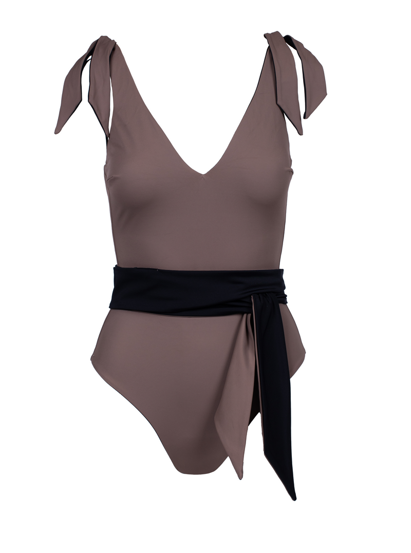Tiger Eye Reversible Black/Beige Swimsuit With Belt
