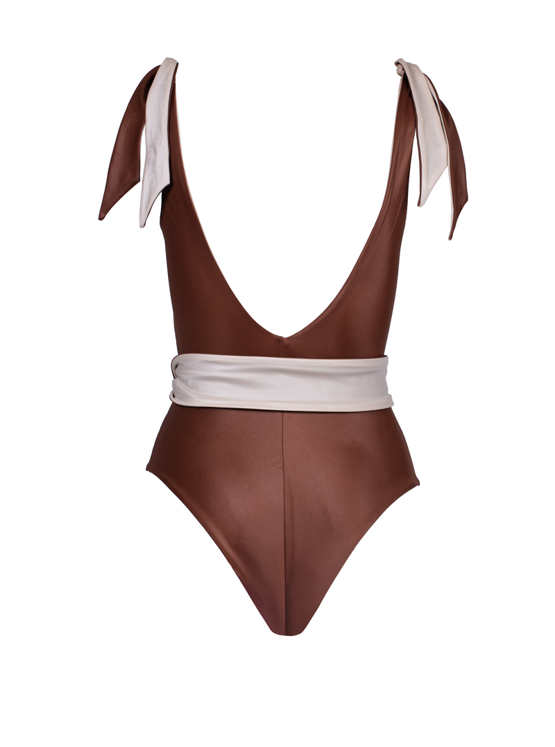 Tiger Eye Reversible Brown/Ivory Swimsuit With Belt