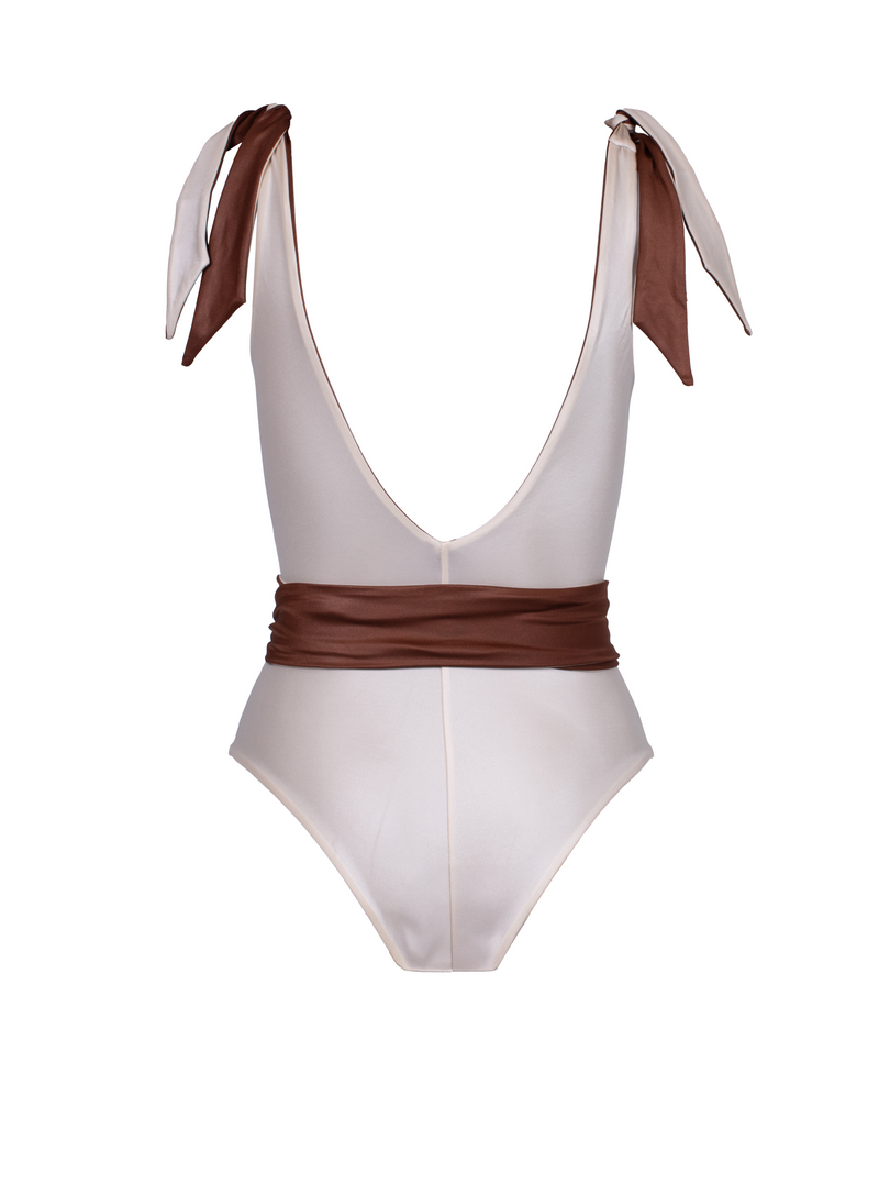 Tiger Eye Reversible Brown/Ivory Swimsuit With Belt