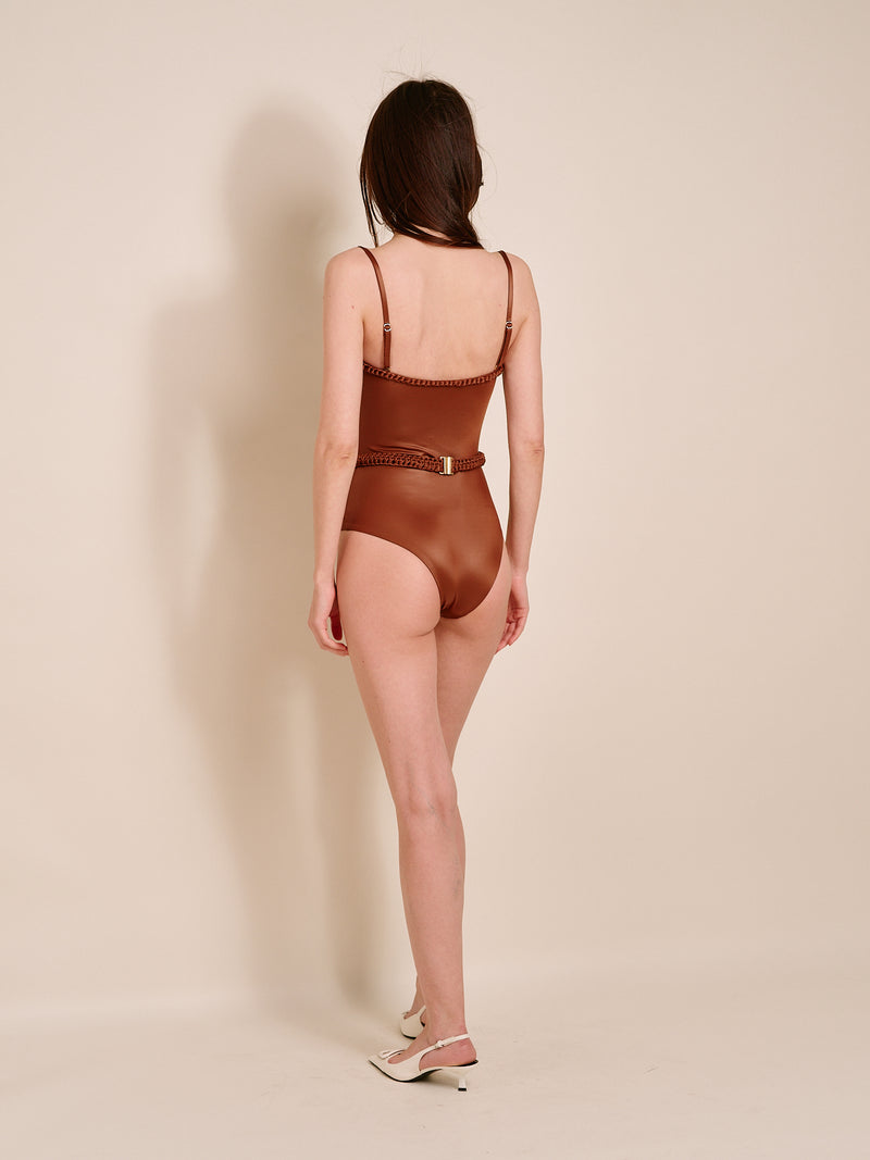 Amber Brown Swimsuit With Handmade Braided Appliqué