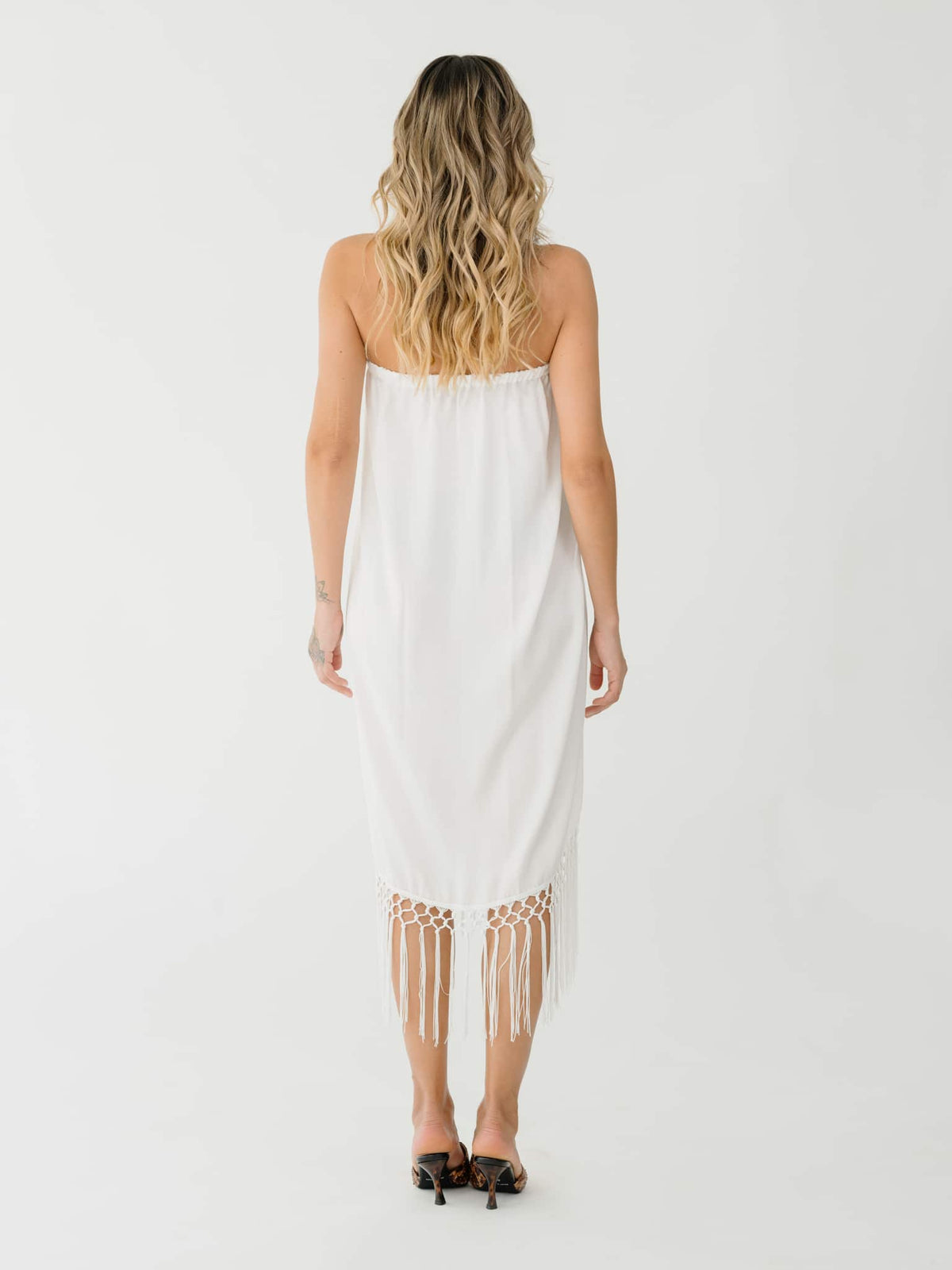 Saturn White Strapless Dress With Fringes